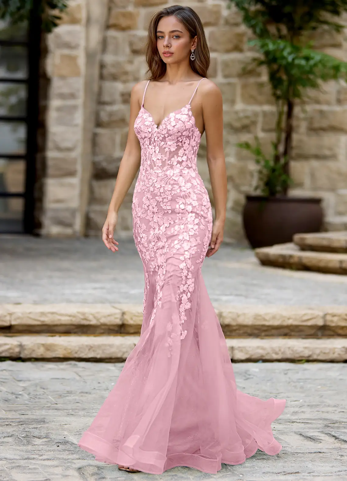 Dentelle Rosa Meerjungfrau-Ballkleid